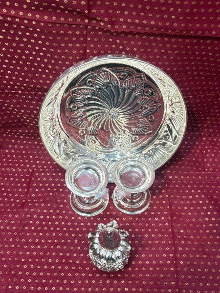 german silver plate with 2 diya and mangal kalash for diwali/ housewarming, 4 pieces set